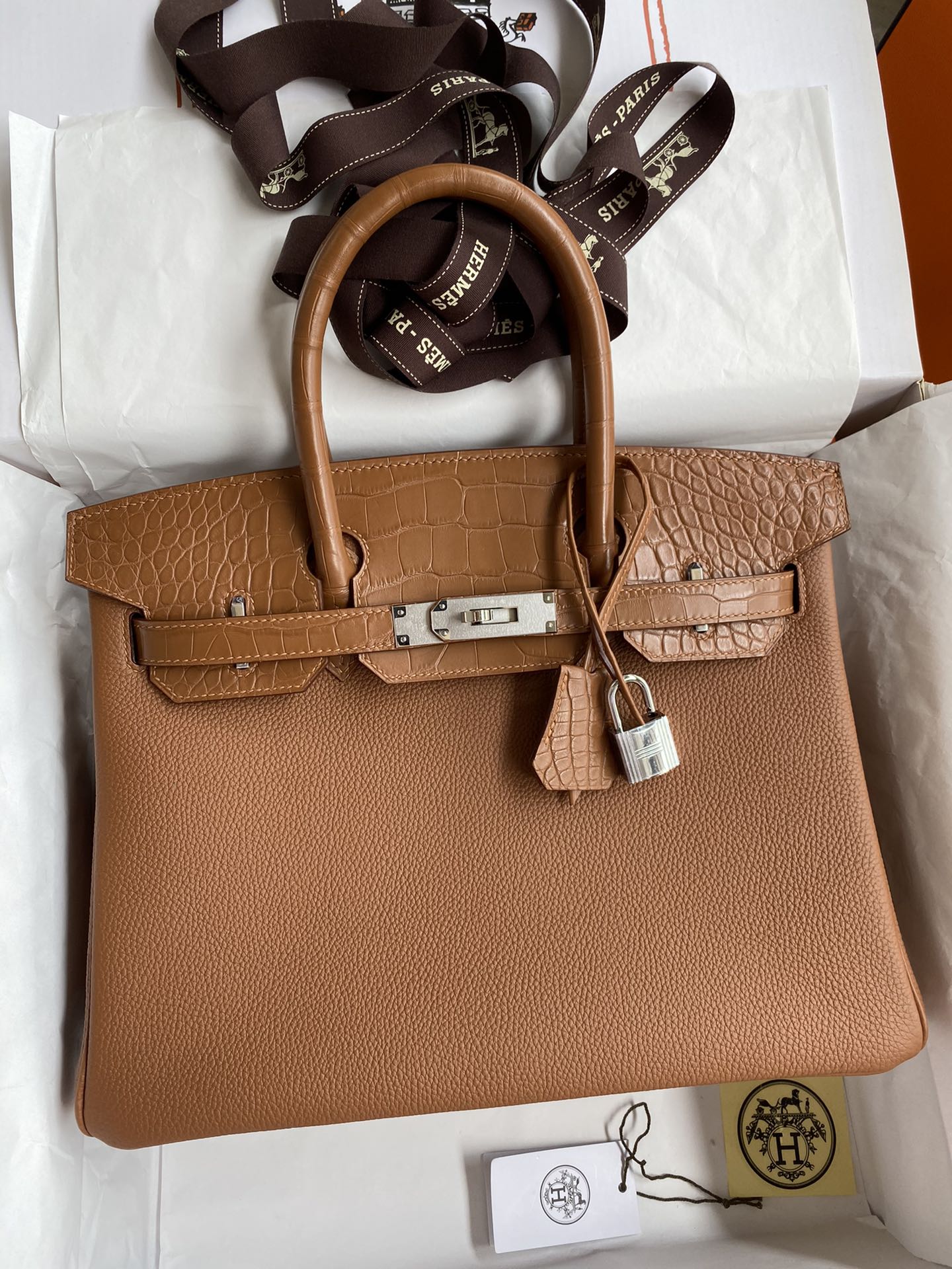 Hermes Touch Birkin 30CM Handbag In Brown Clemence and Matte Alligator Crocodile Skin